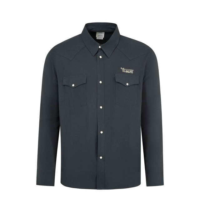 Image 1 of 2 - BLACK - VISVIM Four Corners Shirt featuring a custom Rayon Canvas fabric that has undergone a special treatment, a pressed finish, american snap buttons, classic collar, front "Visvim" embroidery details and back "VISVIM SINCE 2000" embroidery details. 100% rayon. Made in Japan.