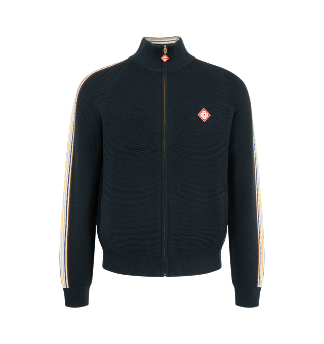 Image 1 of 3 - BLUE - Casablanca Men's Caf Culture Wool Track Jacket is crafted from a cotton-wool blend and features the house's signature Caf Culture stripe detailing extending from the ribbed high collar to the fitted ribbed cuffs. Designed with a front zip closure and signature diamond logo zipper pull, this relaxed-fit track jacket is finished with vertical welt pockets, a ribbed hem, and the house's signature diamond logo embroidery. Main Material: 50% Cotton, 48% Wool, 1% Polyamide, 1% Elastane. Embr