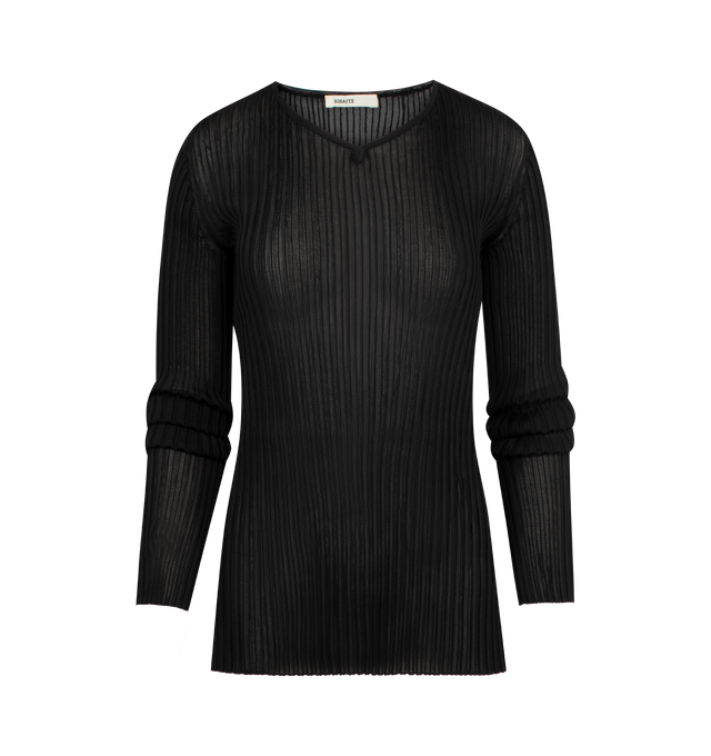 Image 1 of 2 - BLACK - KHAITE Tia Top featuring a richly textured v-neck knit pullover in ribbed viscose, long sleeves and slim fit. 97% viscose, 2% polyamide, 1% polyurethane.