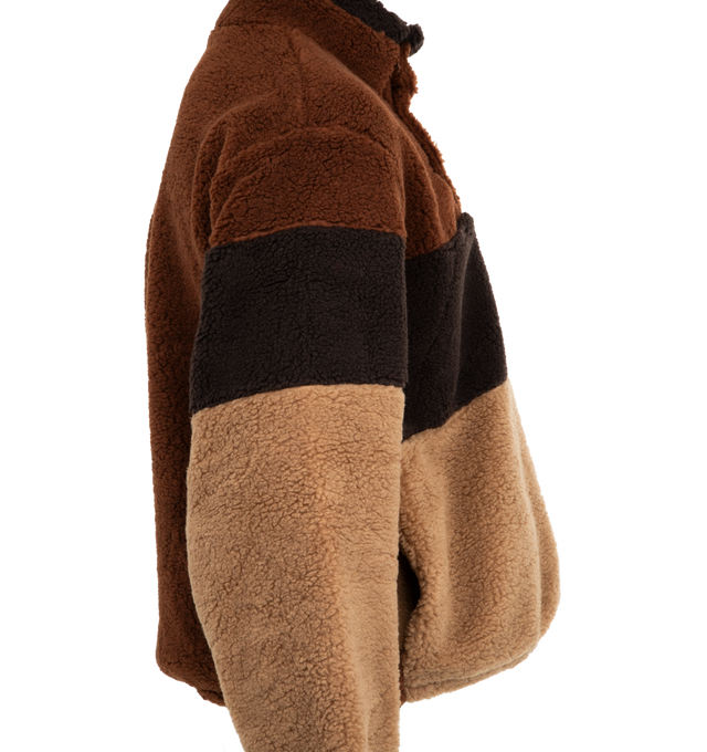 Image 3 of 3 - BROWN - LE PERE Striped Sherpa Pullover featuring multi-colored stripes, slightly oversized fit, lined with a cotton jersey, elastic cuffs and hem and stand collar. 88% polyester, 12% wool. Made in Portugal.