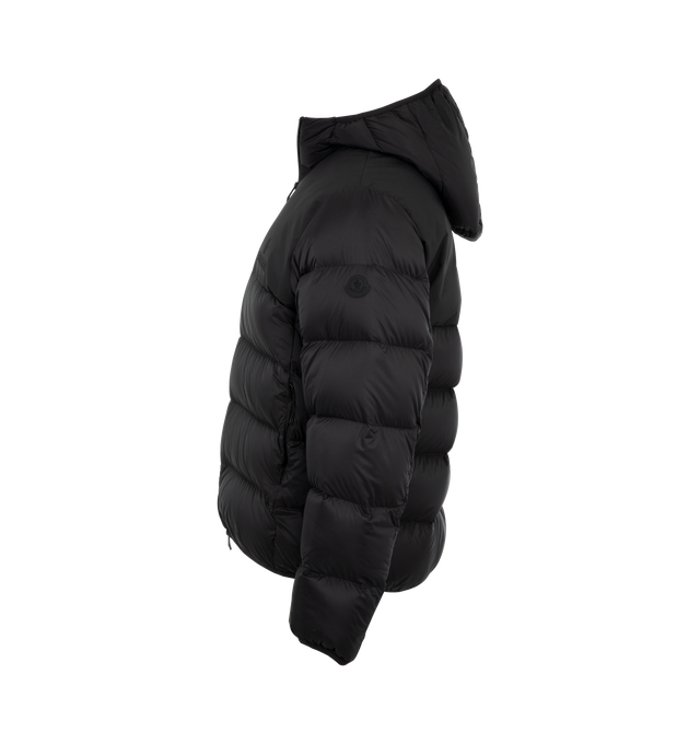 Image 3 of 3 - BLACK - Moncler Veumont Jacket has an attached hood, a 2-way zipper closure, side pockets, a signature logo patch, and elastic cuffs and hem.