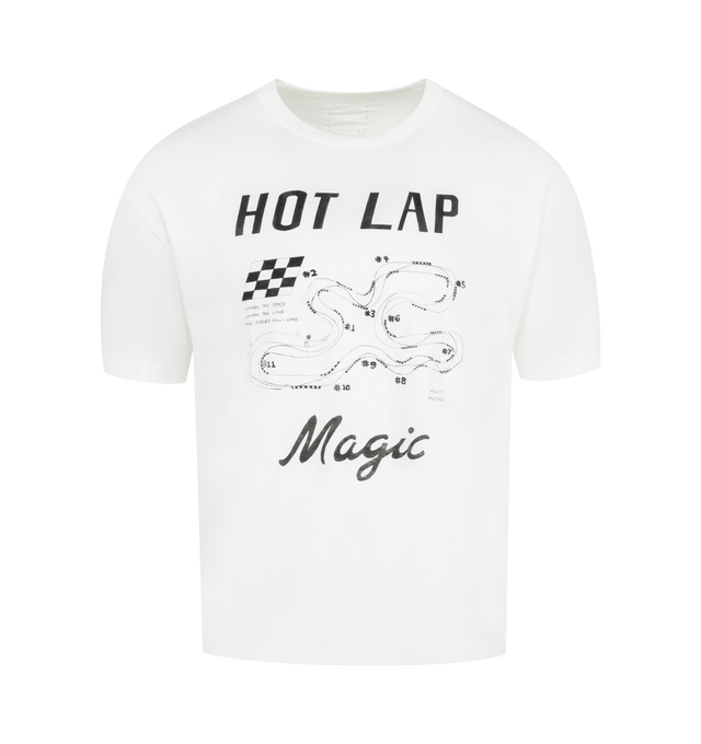 Image 1 of 2 - WHITE - VISVIM Cotton Crewneck Short Sleeve T-Shirt featuring jumbo silhouette and "HOT LAP Magic" Print Detail. 100% Cotton with one wash.
