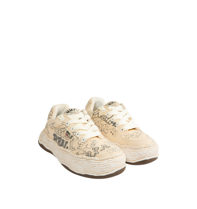 Image 2 of 5 - WHITE - Maison Mihara Yasuhiro Men's Oliver Sneakers feature the brand's signature hand-sculpted OG sole, a graffiti-printed canvas upper, and a bold low-top silhouette for a contemporary statement look. Designed for the Spring/Summer 2026 collection, these designer sneakers combine classic sneaker styling with Maison Mihara Yasuhiro's experimental oversized sole, while vibrant graffiti artwork and intentional vintage detailing create a distinctive, artistic aesthetic. Main Material: 100% Cot