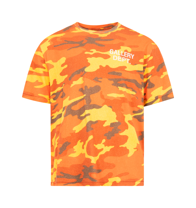Image 1 of 2 - ORANGE - GALLERY DEPT. Souvenir Tee featuring relaxed fit, short sleeves, all-over camo print, GD ENGLISH logotype on the front and HOLLYWOOD SOUVENIR graphic on the back. 100% cotton. Made in USA.