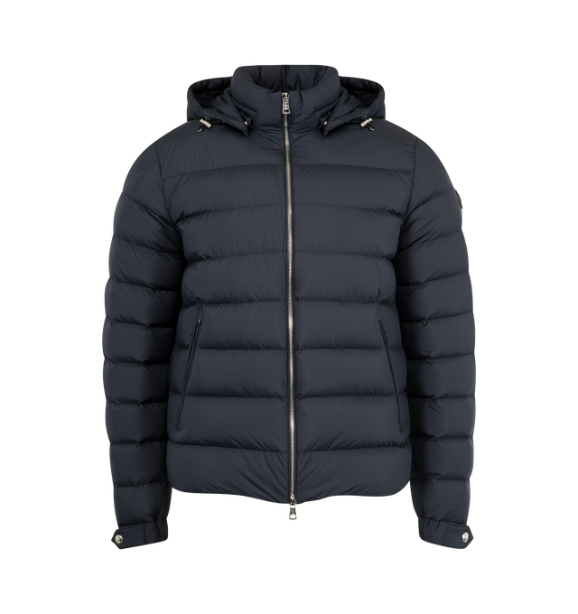 Image 1 of 4 - NAVY - MONCLER Arneb Jacket featuring Airsoft lining, down-filled, detachable hood with micro chic lining, zipper closure with leather trim, zipped pockets, adjustable cuffs with snap button closure and leather logo patch. 100% polyester. Padding: 90% down, 10% feather. Made in Italy