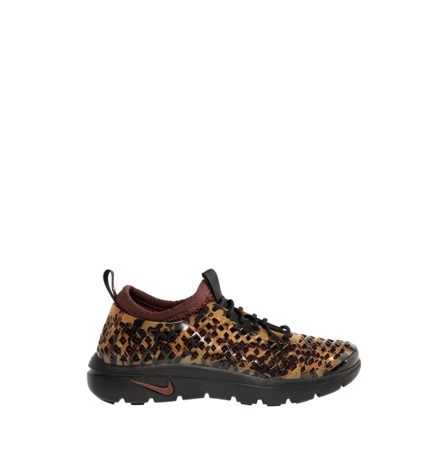 Image 1 of 6 - BROWN - Nike Women's Rejuven8 Run Sneakers feature a black and brown tortoise shell-patterned synthetic upper with a removable mesh bootie and lightly padded collar. Flat laces, heel and tongue pull tabs, a mini Swoosh at the back heel, and Swoosh branding on the sole unit complete the design. ReactX foam provides responsive cushioning, while a rubber outsole offers durable traction. Upper: Synthetic. Bootie: Mesh. Midsole: ReactX Foam. Sole: Rubber.