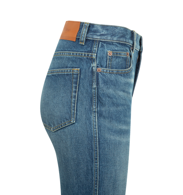 Image 5 of 5 - BLUE - CHLOE Denim Capri Pant featuring zip fly with button closure, 5-pocket design, intentional fading and light whiskering, back leather logo patch, heavyweight denim fabric and cropped capri length. 100% cotton. Made in Italy.