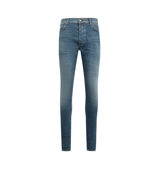 Image 1 of 3 - BLUE - AMIRI Skinny Jean featuring five-pocket style, full length, fitted through skinny legs, button zip fly and belt loops. 92% cotton, 8% elastane.