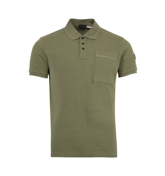 Image 1 of 3 - GREEN - MONCLER Polo featuring short sleeves, three-button placket, chest pocket, ribbed collar and straight hem. 100% cotton.