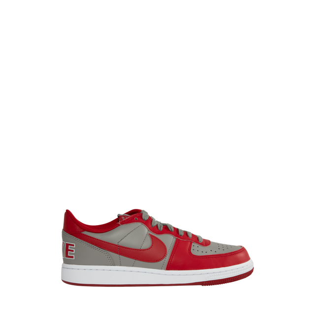 Image 1 of 5 - RED - NIKE Terminator Low UNLV featuring full leather composition, breathability through perforations, mesh tongues and inner lining, grey base, red overlays, Swooshes, tongue labels, liner, insole, and NIKE branding on the heels. 