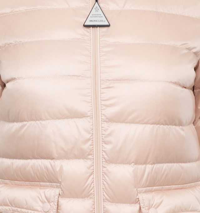 Image 3 of 3 - PINK - MONCLER Lans Short Down Jacket featuring tech fabric with down fill, standup collar featuring snap buttons, zip-up closure, flap pockets and logo patch at sleeve. 100% polyamide/nylon. Padding: 90% down, 10% feather. Made in Armenia. 