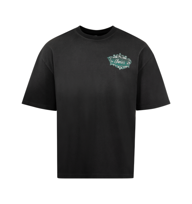 Image 1 of 2 - BLACK - AMIRI Chateau Crest T-shirt featuring cotton jersey, fading throughout, rib-knit crewneck, logo graphic printed at chest and back, dropped shoulders and oversized fit. 100% cotton. Made in Italy.