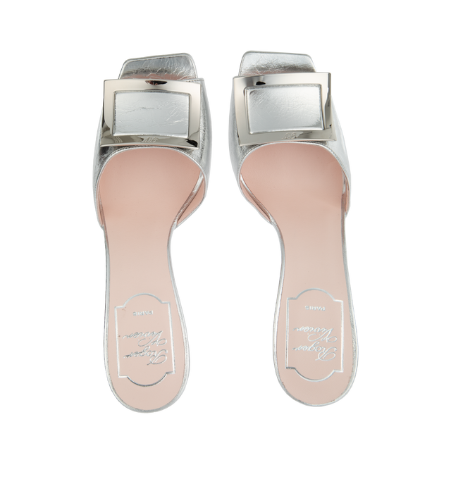 Image 4 of 4 - SILVER - ROGER VIVIER Trompette Metal Buckle Mules featuring crinkled effect metallic finishing, squared toe and branded metal buckle. Trompette heel 3.3in. Leather upper. Leather insole and outsole. Made in Italy. 