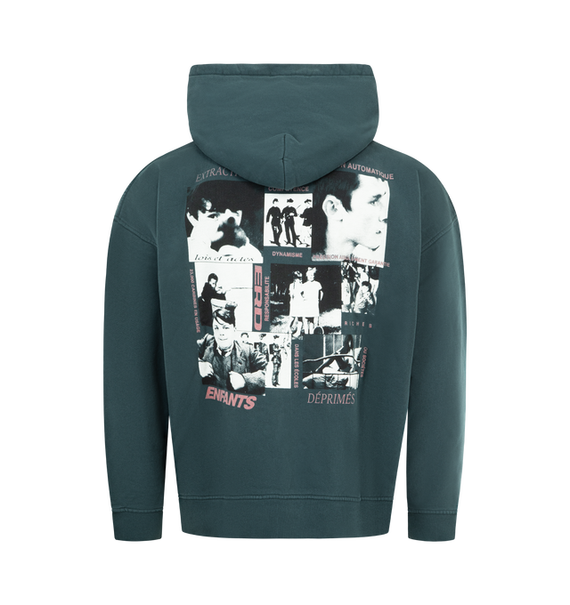 Image 2 of 2 - GREEN - ENFANTS RICHES DEPRIMES La Scolaire Prfree Hoodie featuring long sleeves, double layer hood, pull over, slightly cropped, ribbed knit cuffs and waistband, printed artwork at front and back and vintage wash. Made in USA.