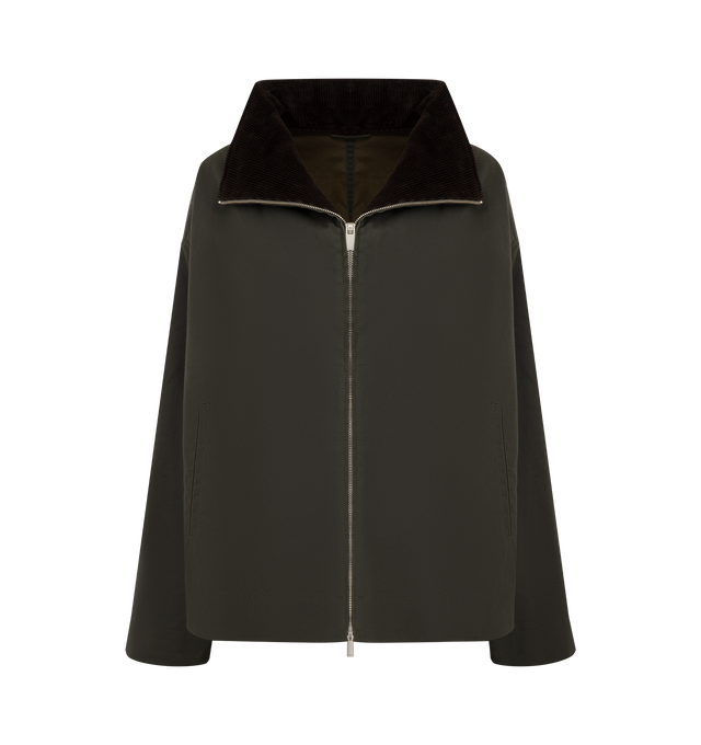 Image 1 of 3 - GREEN - TOTEME Zipped Country Jacket featuring a water-repellent waxed cotton, funnel neck lined with corduroy, two-way front-zip closure, front welt pockets and partially lined. 100% organic cotton.