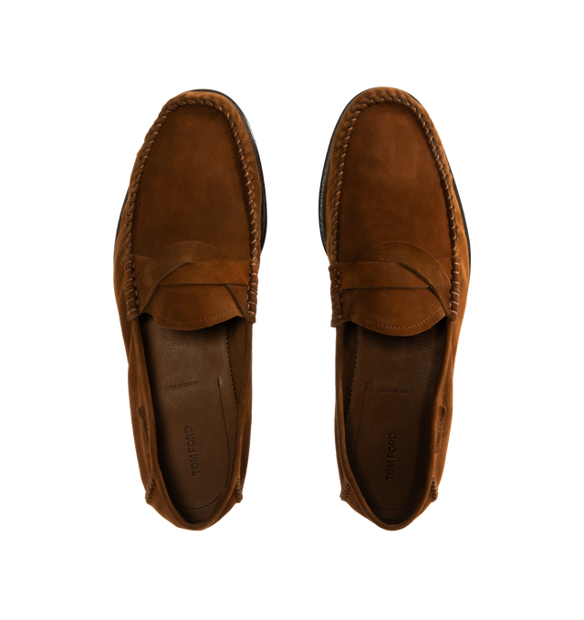 Image 4 of 4 - BROWN - TOM FORD Ripley Suede Twist-Strap Loafers featuring a twisted keeper strap across the vamp, block heel, almond moc toe, notched vamp, slip-on style and leather outsole. Leather. Made in Italy.