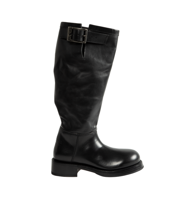 Image 1 of 4 - BLACK - Balenciaga Women's Motor Boot is crafted from calfskin leather and features a round-toe silhouette, a worn-in finish, and a sturdy Goodyear welt construction. Designed with a supple upper for versatile styling, this elevated boot is finished with an adjustable strap, a Balenciaga-engraved belt buckle, and debossed Balenciaga branding at the heel counter. Main Material: Calfskin Leather. Sole: Calfskin Rubber. Insole: Calfskin. Made in Italy.