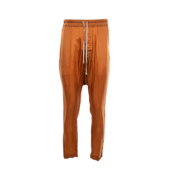 Image 1 of 4 - BROWN - RICK OWENS drawstring cropped pants in heavy cotton poplin with above-ankle length and dropped crotch, elasticized waist with drawstring, concealed fly, two side front pockets and two square back pockets. 97% COTTON  3% ELASTANE. 