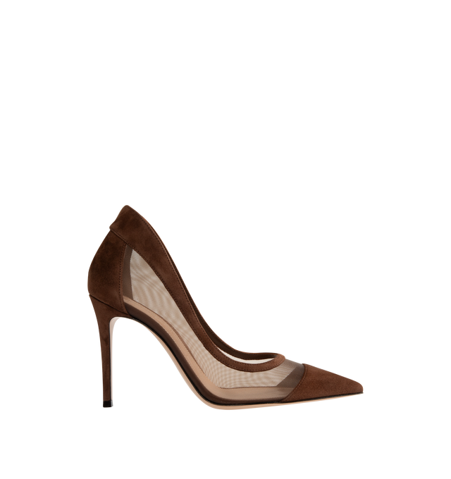 Image 1 of 4 - BROWN - Gianvito Rossi Womens Pumps are crafted from suede and mesh. Feature a pointed toe, stiletto heel, leather and fabric lining, and leather sole. Main Material: Suede, Mesh; Lining: Leather, Fabric; Sole: Leather. Made in Italy.
