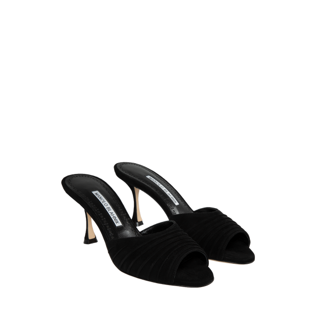 Image 2 of 4 - BLACK - MANOLO BLAHNIK PIRRUA MULE 70MM featuring suede open toe mules, ruched details and flared mid heel. 70MM. 100% kid suede. 