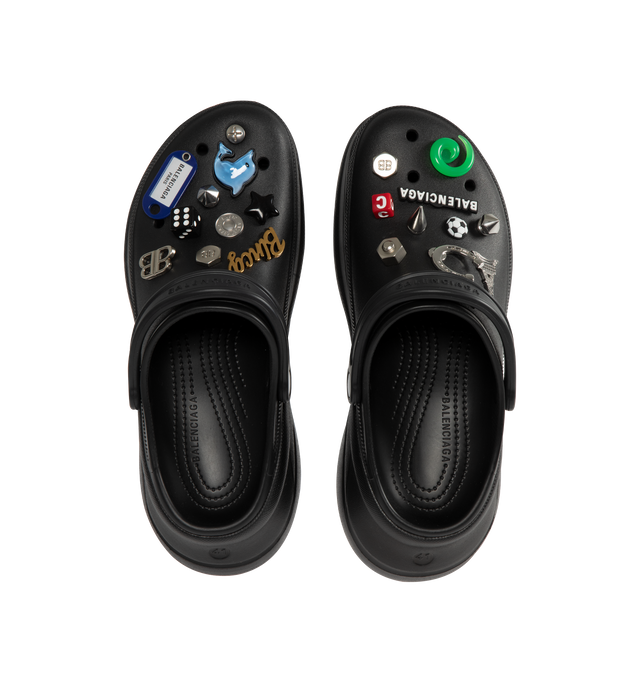 Image 4 of 4 - BLACK - BALENCIAGA Crocs Mule in black rubber with Jibbitz charms featuring EVA foam, mule, round toe, open at back, 5mm arch, removable Jibbitz charms, Balenciaga logo embossed on strap, debossed size at back and tone-on-tone sole and insole.