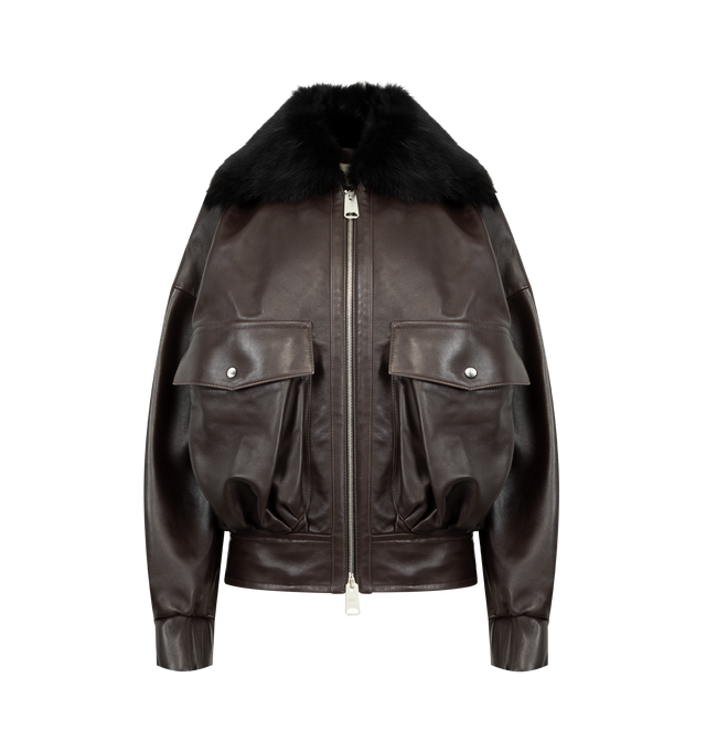 Image 1 of 3 - BROWN - KHAITE Daemon Jacket featuring lightweight lambskin, a silky collar of Toscana shearling, relaxed fit, zip-front closure, signature hardware, blouson pockets and elasticated back hem. 100% lambskin.
