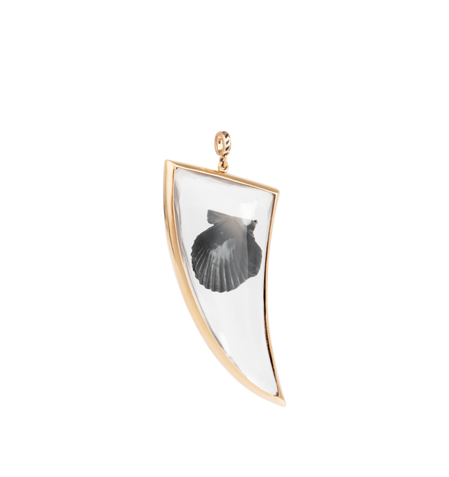 Image 2 of 2 - GOLD - Dezso by Sarah Beltran 18kt gold charm shaped to resemble a shark fin, handcrafted by anartisan in Jaipur, India with an black shell encased in clear quartz and patterned with the labels signature black fin motif around the link. 