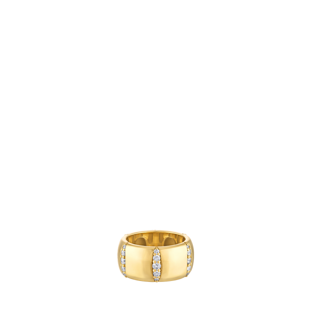 Image 1 of 3 - GOLD - Pamela Zamore Veda diamond band ring finely crafted in Rhode Island from hand-finished 18k gold with 0.9ct diamond. Band width 12 mm. Veda is an exploration of contrast and wholeness. Carefully shaped sandblasted valleys are carved from smooth polished gold, resulting in pieces that are modern and classic, masculine and feminine. Hirshleifers offers a range of pieces from this collection in-store. For personal consultation and detailed information about jewelry, please contact our dedi