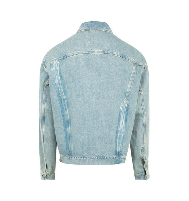 Image 2 of 3 - BLUE - MAISON MARGIELA Taped Denim Jacket featuring handpainted effect on chest and lower front, long sleeves, shirt collar neckline, front button closure and four stitches at the back. 100% cotton. Made in Italy.