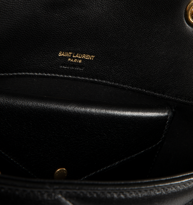 Image 4 of 4 - BLACK - SAINT LAURENT Loulou Small Bag featuring chain bag in soft lambskin with chevron-quilted topstitching, a removable leather pouch and pocket mirror, a sliding chain strap, grosgrain lining, bronze-toned hardware, magnetic snap closure and one flat pocket. 9.4" x 5.5" x 2.4". 90% lambskin, 10% brass. Made in Italy.