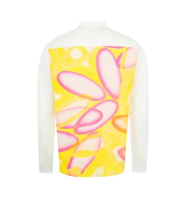 Image 2 of 2 - WHITE - PLEASURES x Richard Bernstein Pilule Graphic Lyocell Button-Up Shirt featuring abstract pills scatter in bright, bold colors on the back of an optic-white shirt, front button closure, spread collar and long sleeves with button cuffs. 100% Tencel lyocell.