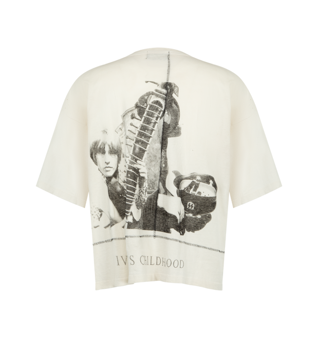 Image 2 of 2 - WHITE - Enfants Riches Deprimes Ivan's Childhood short sleeve T-shirt crafted from vintage texture cotton jersey. Featuring a boxy oversize fit, rib knit neckline, single stitch hem at cuffs and waist, contrast vertical and horizontal ladder stitch detail at the back, vintage wash process and distressing throughout, and printed artwork at the front and back. Made in USA.