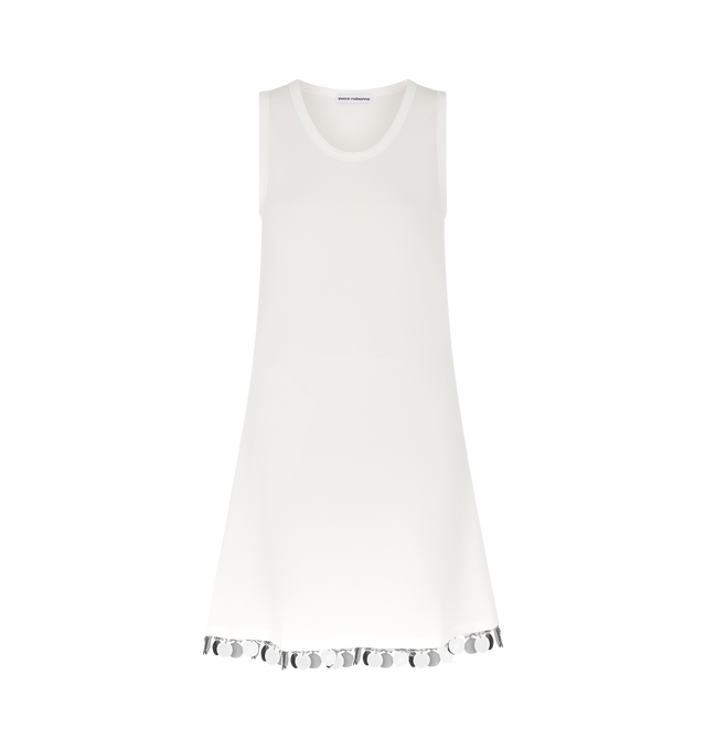 Image 1 of 1 - WHITE - RABANNE Chain Minidress featuring stretch viscose-blend, crepe dress, chain appliqu at crewneck, sequin trim at hem and unlined. 62% viscose, 29% polyamide, 9% elastane. Made in Madagascar. 