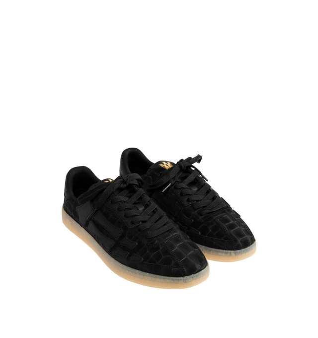 Image 2 of 5 - BLACK - AMIRI Croc Debossed Pacific Bones Sneaker featuring croc-debossed suede, low-profile, leather bone appliqus, MA icon-patterned rubber sole, suede upper, lace closure, branded tongue label and embossed branding.