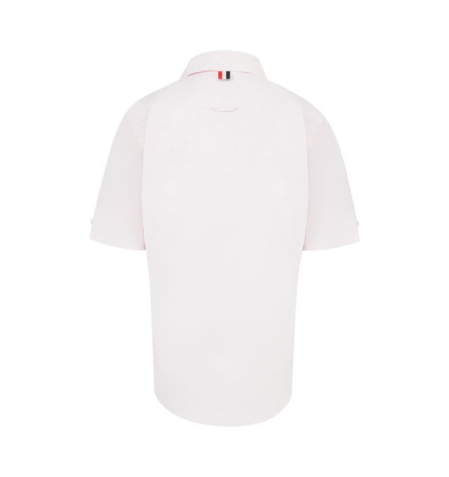 Image 2 of 2 - PINK - THOM BROWNE Round Collar Oxford Short Sleeve Shirt featuring front button closure, front patch pocket, name tag applique above hem, pleated back yoke with locker loop and signature striped grosgrain loop tab. 100% cotton. Made in Italy.