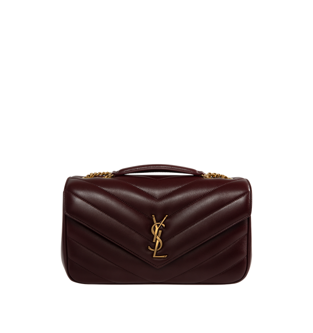 Image 1 of 4 - RED - SAINT LAURENT Loulou Medium Bag featuring chain bag in soft lambskin with chevron-quilted topstitching, removable leather pouch and pocket mirror, sliding chain strap, grosgrain lining, bronze-toned hardware, magnetic snap closure and one flat pocket. 11.4" x 6.7" x 3.1". Single strap drop: 17.7". Doubled strap drop: 8.7". Lambskin, brass. Made in Italy.
