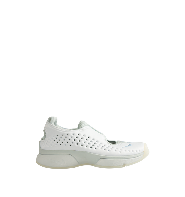 Image 1 of 5 - WHITE - Nike Women's Rift 2 Sneakers feature a padded neoprene and mesh upper with the iconic split-toe construction for a distinctive, sport-inspired silhouette. Designed for easy slip-on wear, these sneakers feature a cushioned footbed, antimicrobial sockliner, fabric lining, and lightweight foam midsole for added comfort. Finished with a durable rubber sole, the Rift 2 combines Nike's signature natural-motion-inspired design with everyday functionality. Upper: Neoprene and Mesh. Lining: Fa