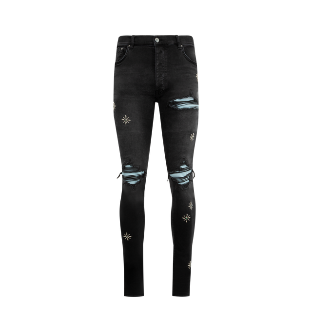 Image 1 of 3 - BLACK - AMIRI Stud MX1 Jean featuring stretch denim, stud detailing, hand-distressed, repaired with pleated ultrasuede, and finished with classic five-pocket detailing. 92% cotton, 6% elastomultiester, 2% elastane.
