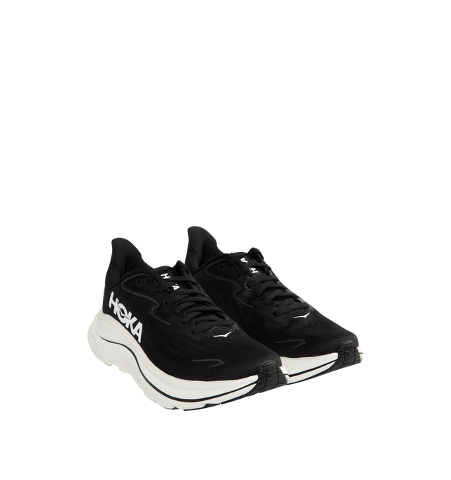 Image 3 of 10 - BLACK - HOKA Clifton 10 Sneaker featuring jacquard knit, reflective upper details, smooth MetaRocker, rearfoot-focused Active Foot Frame, CMEVA midsole, molded EVA sockliner and inherently durable abrasion rubber.