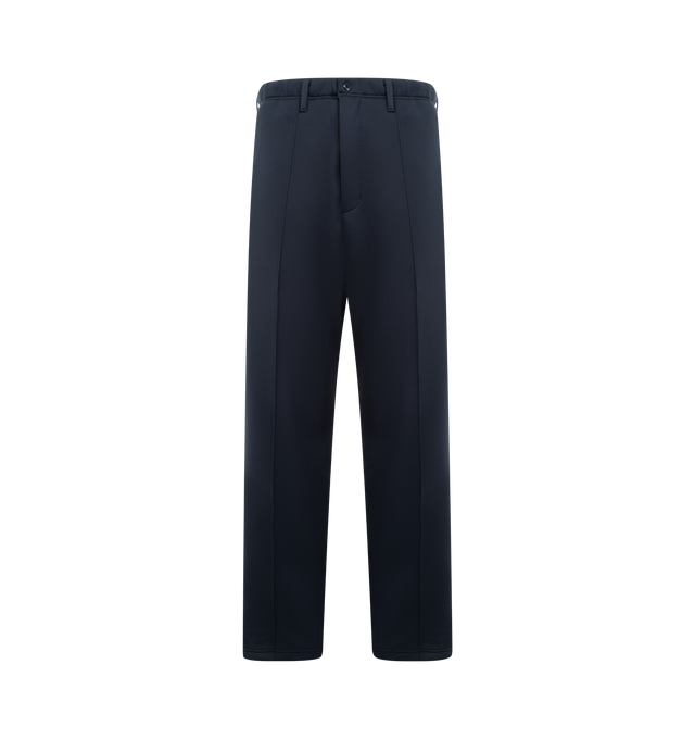 Image 1 of 3 - NAVY - ENGINEERED GARMENTS Knit Leisure Pant featuring soft cotton fleece, relaxed, gently tapered silhouette, an elasticated waistband with a drawcord, zippered front pockets and drawstrings at the hem. 100% polyester. Made in USA.
