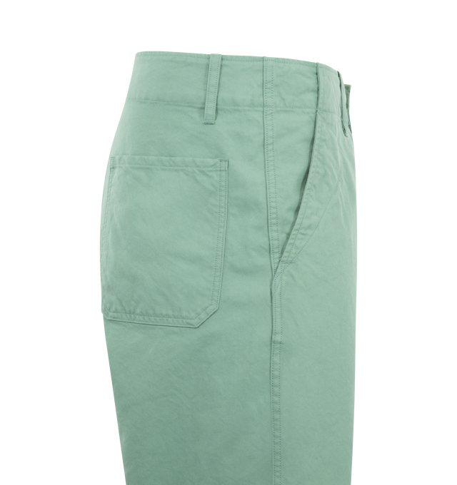Image 3 of 3 - GREEN - VISVIM Gesso Pant featuring straight-leg fit, a button-up fly, triangular stitching around the pockets, belt loops at waist and 4 pocket style. 100% cotton. Made in Japan.