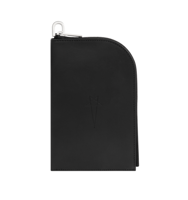 Image 1 of 3 - BLACK - RICK OWENS Neckwallet featuring waxed and vegetable-tanned grained calfskin leather wallet, detachable leather lanyard, logo embossed at face, zip closure, unlined and logo-engraved silver-tone hardware. H7" x W4.25" x D0.5". Calfskin.