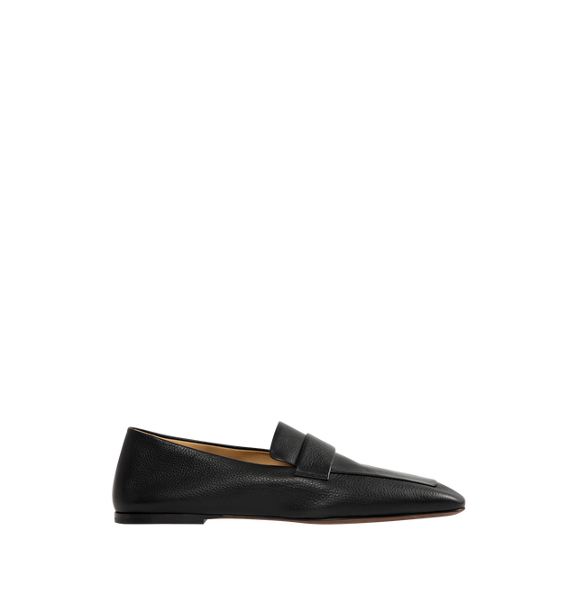 Image 1 of 4 - BLACK - THE ROW Square Loafer in Leather featuring minimal loafer in grained calfskin leather with squared toe, stitched strap, and leather sole. 0.03 in. heel. 100% calfskin leather. Made in Italy.
