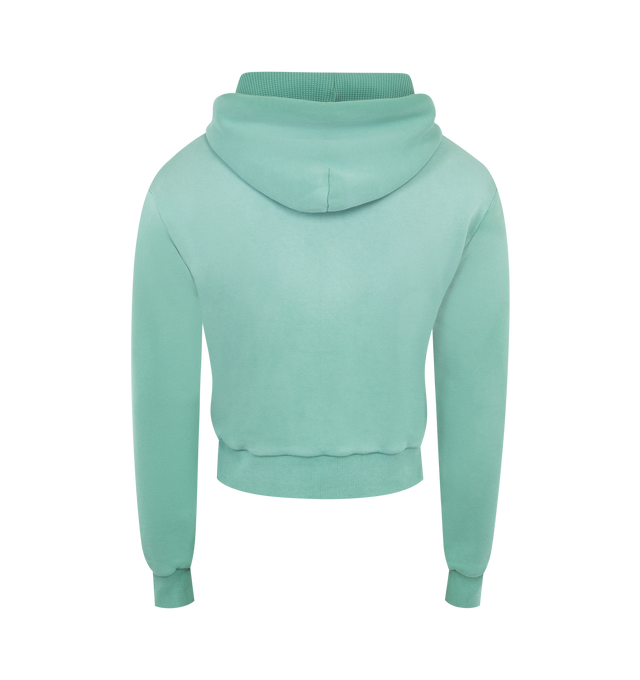 Image 2 of 2 - GREEN - ACNE Hooded Sweatshirt featuring sprayed cotton fleece, regular unisex fit, waist-length, long sleeves, zip-up front, drawcord hood, ribbed cuffs and hem, kangaroo pockets and Acne Studios 1996 logo stamp on chest. 100% cotton.
