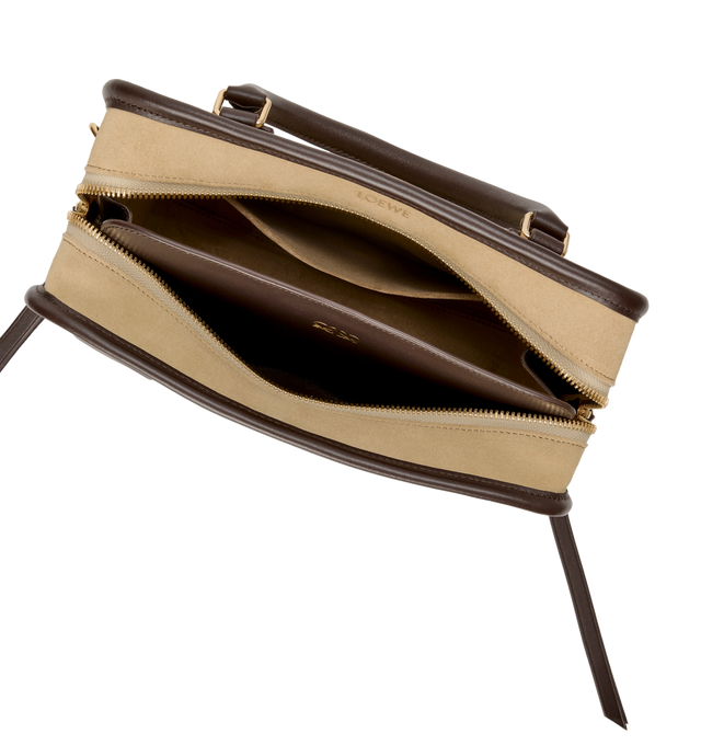 Image 13 of 17 - BROWN - LOEWE Small Amazona 180 Bag in suede featuring a relaxed silhouette anchored by a single toron top handle, designed to be carried open, while a concealed closure secures the main compartment, three carry options: short handle, removable shoulder strap and crossbody, zip closure with two leather zip pullers, two compartments, main compartment closed with magnetic closure, internal flat pocket, left side d-ring for customization, suede and nappa lambskin lining, embossed LOEWE and emb