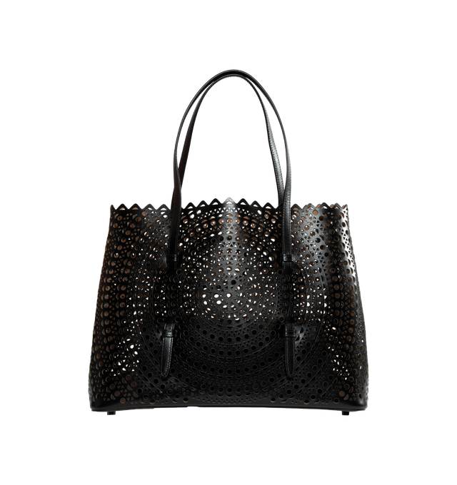 Image 1 of 3 - BLACK - ALAIA Mina 32 Tote Bag featuring graphic perforation, snap-fastening gusseted sides that expand, galvanised silver hardware, detachable leather pouch and hand or shoulder carry. 32 X 25 X 16cm. 100% calfskin. Made in Italy. 