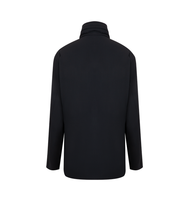 Image 2 of 5 - NAVY - THE ROW Tanera Jacket in smooth virgin wool gabardine with concealable hood at collar, adjustable interior drawstring waistband and concealed front placket with zipper and button closures. 100% wool. Lined in 100% silk. Made in Italy.