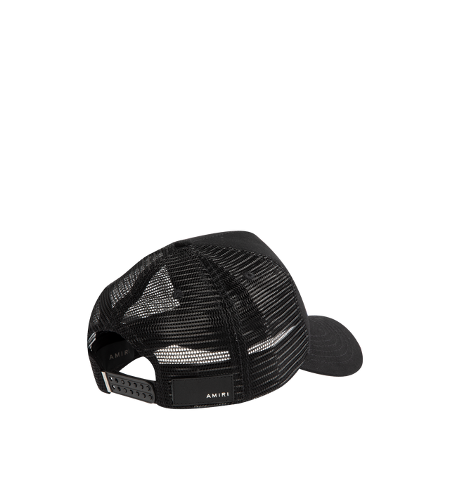 Image 2 of 3 - BLACK - AMIRI 3 Star Trucker Hat featuring adjustable backstrap, front leather applique detail and leather logo patch at back. 100% cotton. Made in USA.