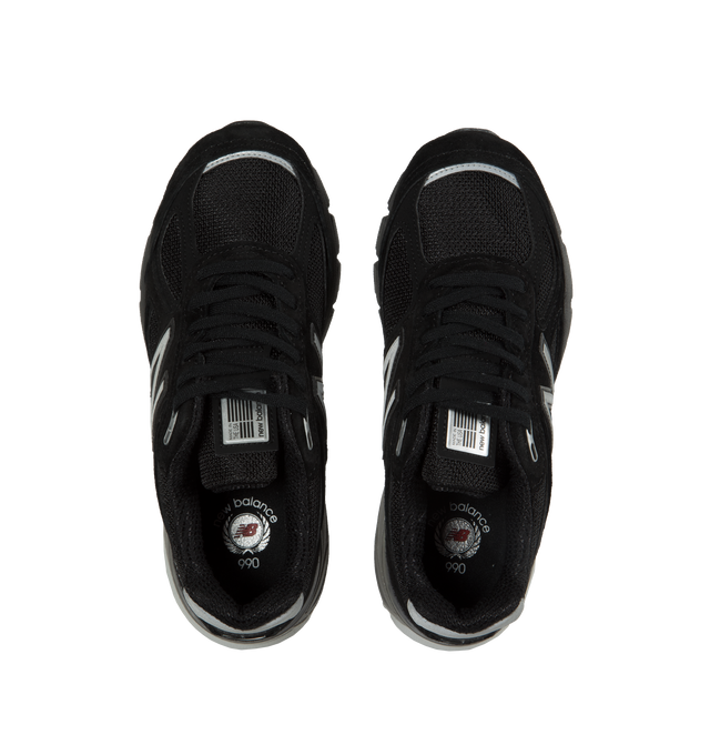 Image 5 of 5 - BLACK -  NEW BALANCE 990v4 Sneakers featuring low-top, paneled pigskin suede and mesh, lace-up closure, logo patch at padded tongue, padded collar, logo patch at heel counter, logo appliqu at sides, reflective text at outer side, mesh lining, textured ENCAP foam rubber midsole and treaded rubber sole. Made in United States. 