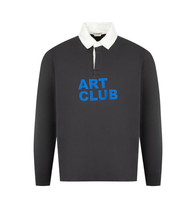 Image 1 of 2 - BLACK - 'Art Club' rugby polo top in washed black jersey. Features a graphic satin stitch embroidery, a cotton twill collar and concealed placket. Finished with rib cuffs, side split at the hem and corozo buttons. 100% Cotton. Made in Portugal.